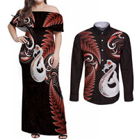 Personalised New Zealand Couples Off Shoulder Maxi Dress and Long Sleeve Button Shirts Aotearoa Silver Fern With Manaia Maori Unique Red - Wonder Print Shop