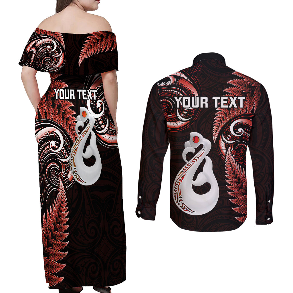 Personalised New Zealand Couples Off Shoulder Maxi Dress and Long Sleeve Button Shirts Aotearoa Silver Fern With Manaia Maori Unique Red - Wonder Print Shop