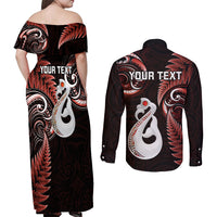 Personalised New Zealand Couples Off Shoulder Maxi Dress and Long Sleeve Button Shirts Aotearoa Silver Fern With Manaia Maori Unique Red - Wonder Print Shop