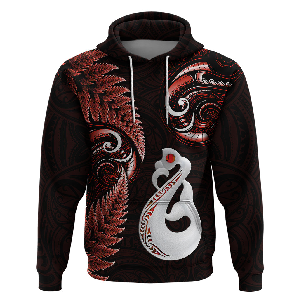 Personalised New Zealand Hoodie Aotearoa Silver Fern With Manaia Maori Unique Red - Wonder Print Shop