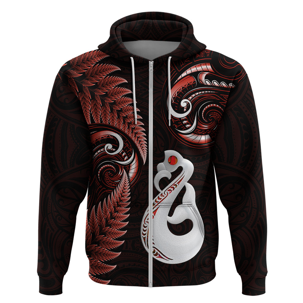 Personalised New Zealand Hoodie Aotearoa Silver Fern With Manaia Maori Unique Red - Wonder Print Shop