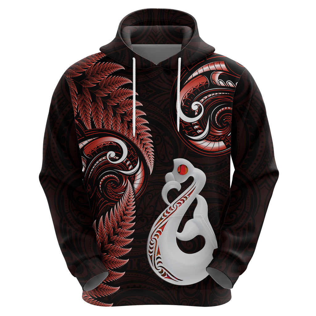 Personalised New Zealand Hoodie Aotearoa Silver Fern With Manaia Maori Unique Red - Wonder Print Shop