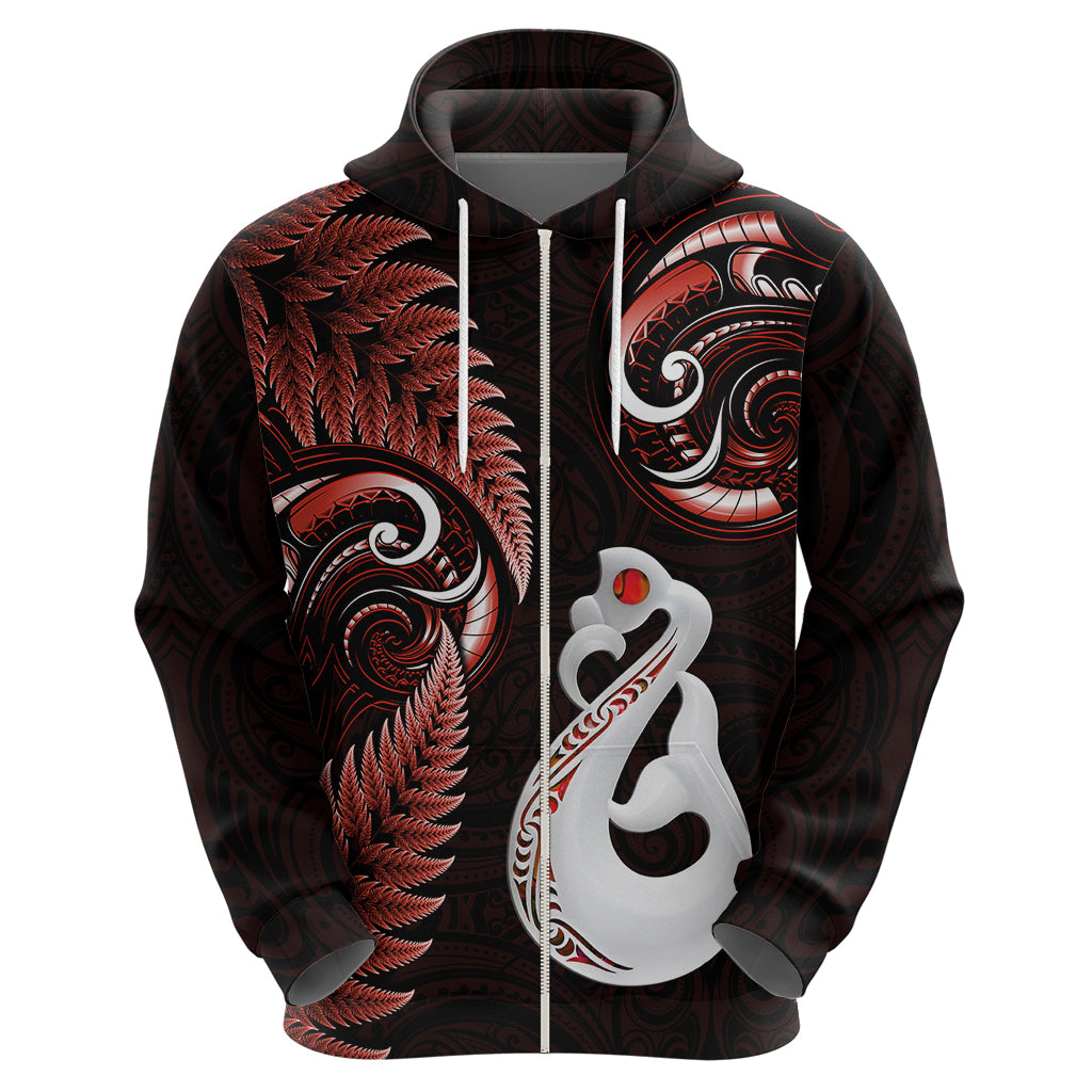 Personalised New Zealand Hoodie Aotearoa Silver Fern With Manaia Maori Unique Red - Wonder Print Shop