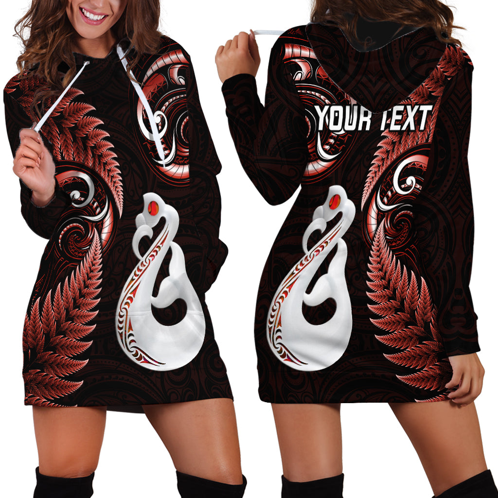 Personalised New Zealand Hoodie Dress Aotearoa Silver Fern With Manaia Maori Unique Red - Wonder Print Shop