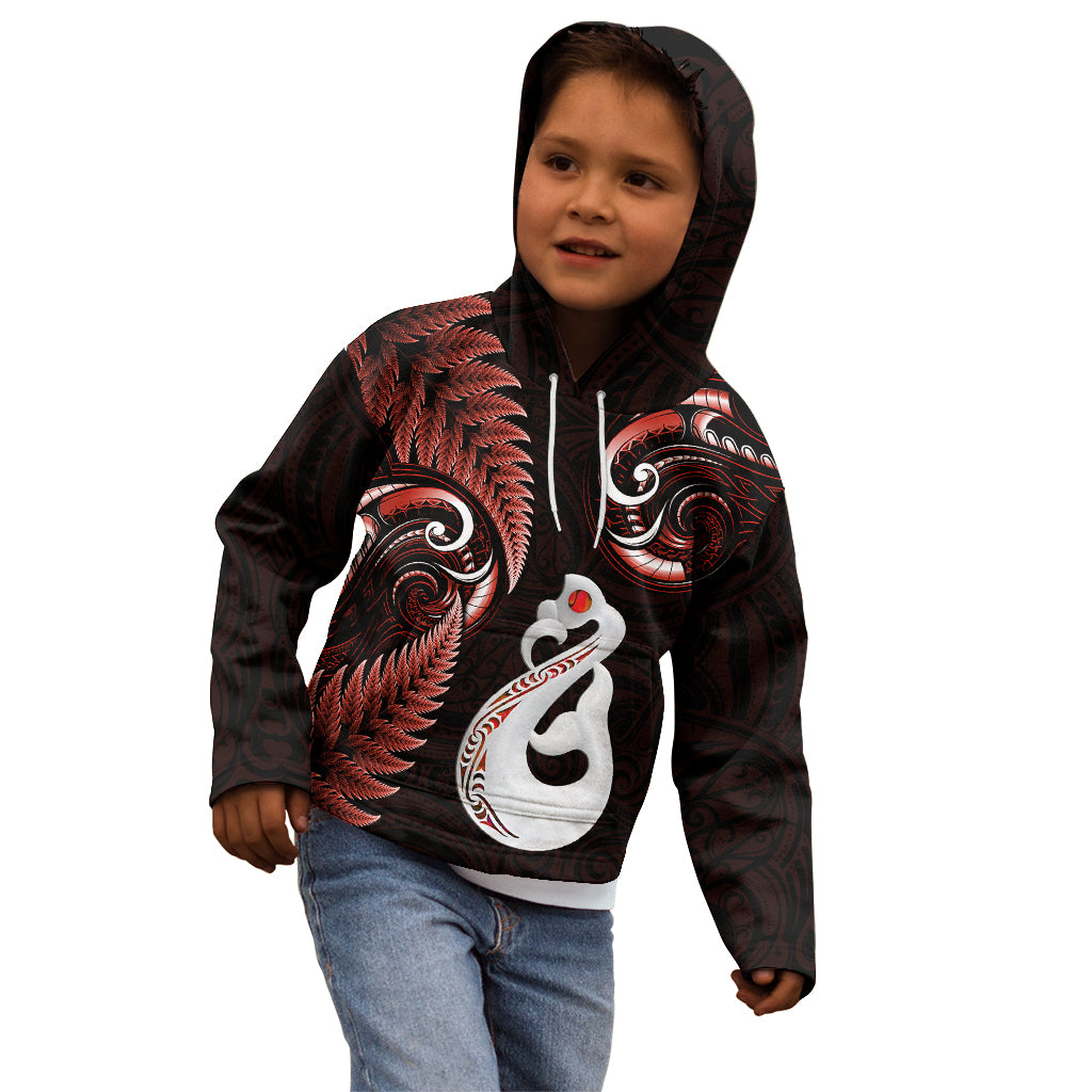 Personalised New Zealand Kid Hoodie Aotearoa Silver Fern With Manaia Maori Unique Red - Wonder Print Shop