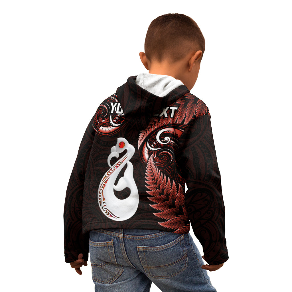 Personalised New Zealand Kid Hoodie Aotearoa Silver Fern With Manaia Maori Unique Red - Wonder Print Shop