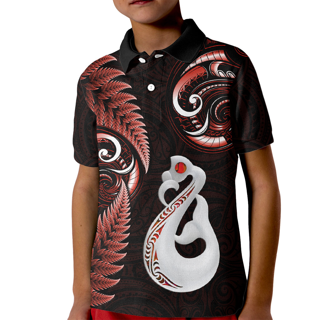 Personalised New Zealand Kid Polo Shirt Aotearoa Silver Fern With Manaia Maori Unique Red - Wonder Print Shop