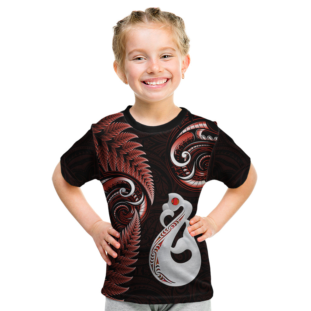 Personalised New Zealand Kid T Shirt Aotearoa Silver Fern With Manaia Maori Unique Red - Wonder Print Shop