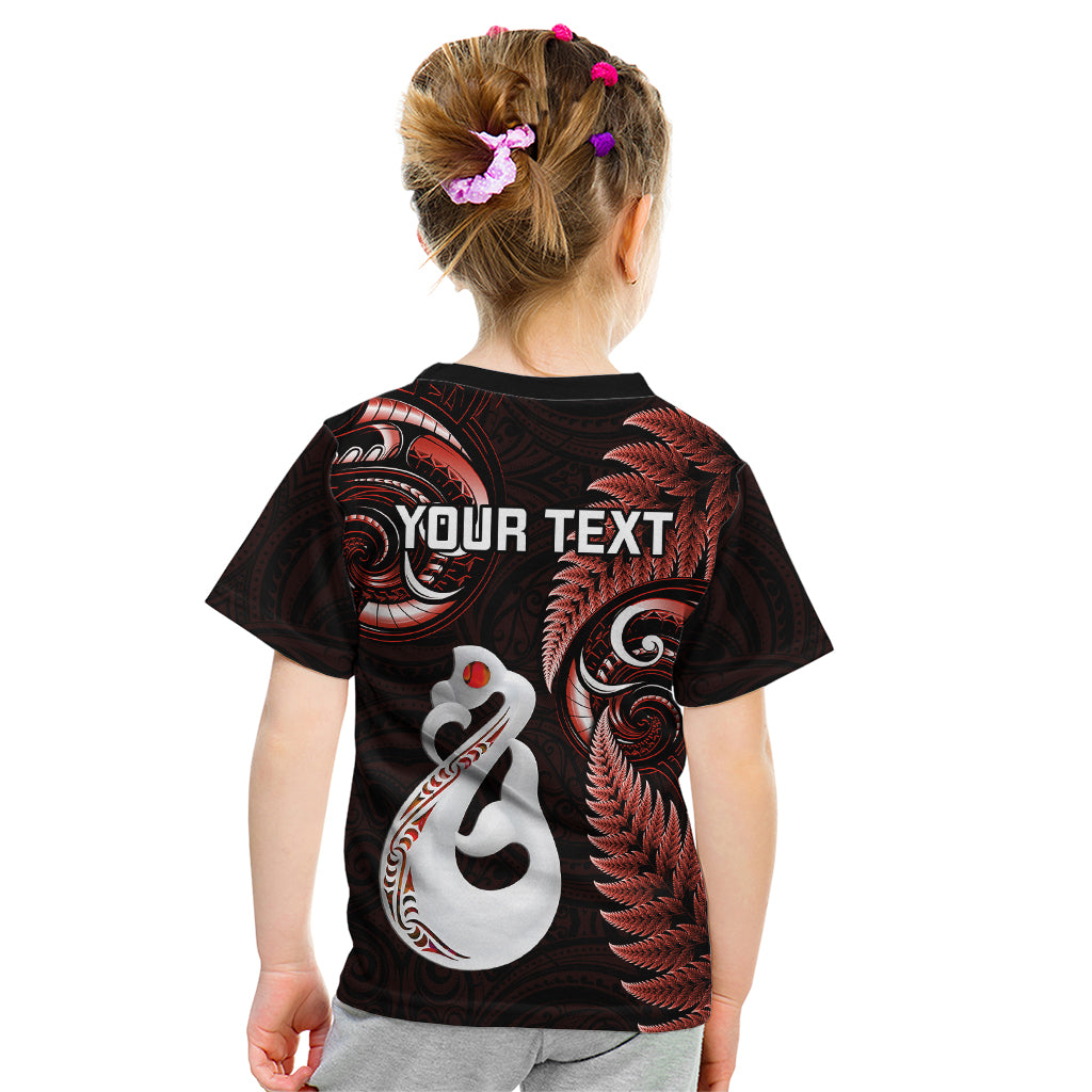 Personalised New Zealand Kid T Shirt Aotearoa Silver Fern With Manaia Maori Unique Red - Wonder Print Shop