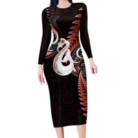 Personalised New Zealand Long Sleeve Bodycon Dress Aotearoa Silver Fern With Manaia Maori Unique Red - Wonder Print Shop