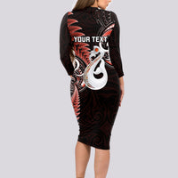 Personalised New Zealand Long Sleeve Bodycon Dress Aotearoa Silver Fern With Manaia Maori Unique Red - Wonder Print Shop