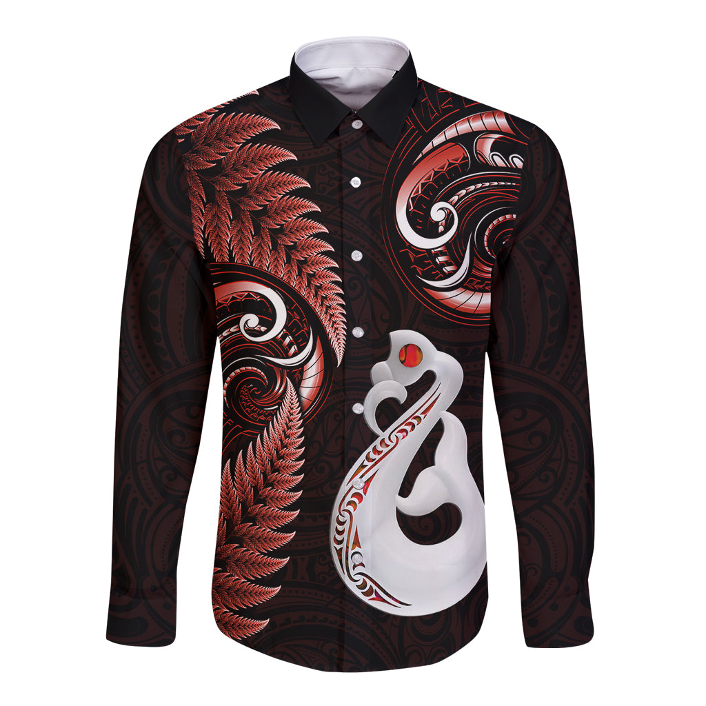 Personalised New Zealand Long Sleeve Button Shirt Aotearoa Silver Fern With Manaia Maori Unique Red - Wonder Print Shop