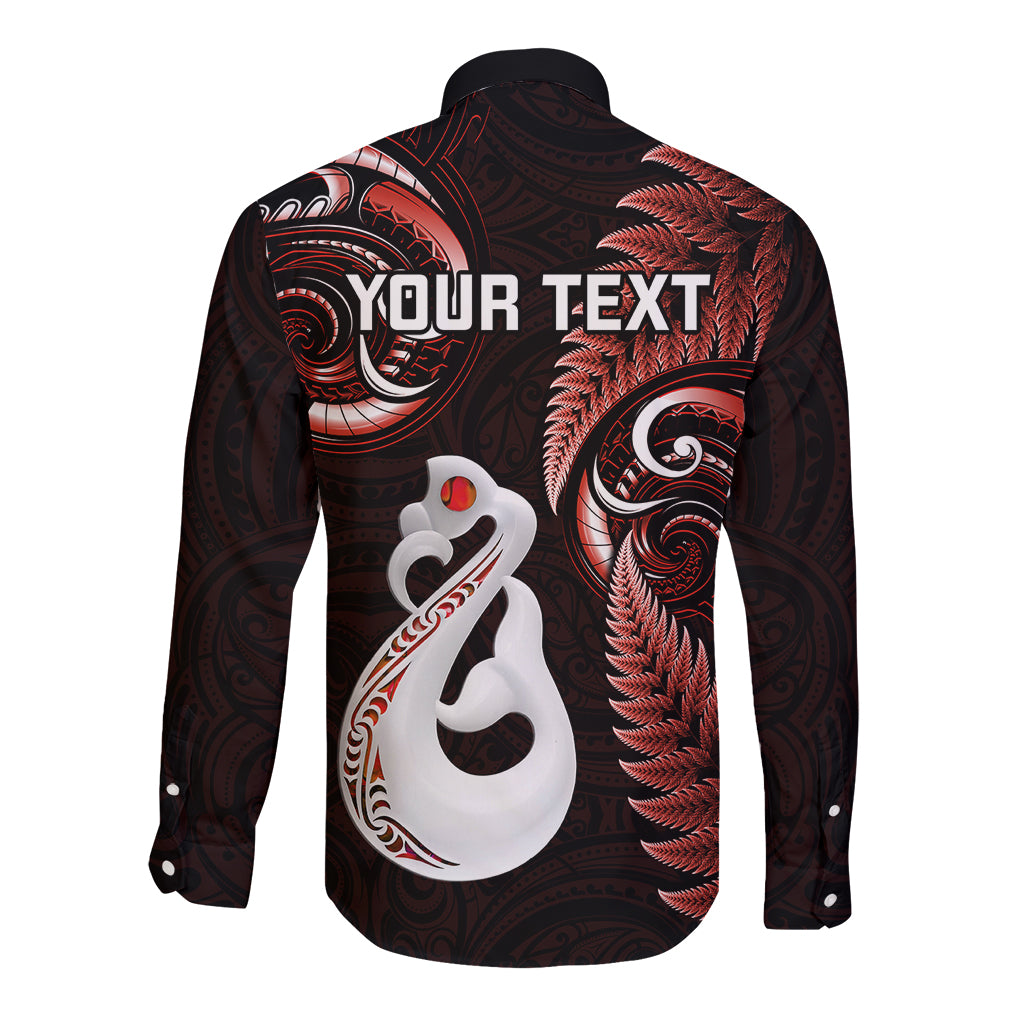 Personalised New Zealand Long Sleeve Button Shirt Aotearoa Silver Fern With Manaia Maori Unique Red - Wonder Print Shop