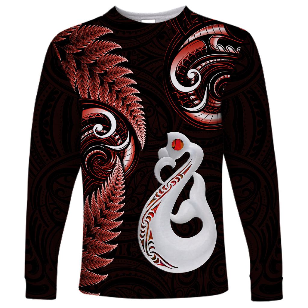 Personalised New Zealand Long Sleeve Shirt Aotearoa Silver Fern With Manaia Maori Unique Red - Wonder Print Shop