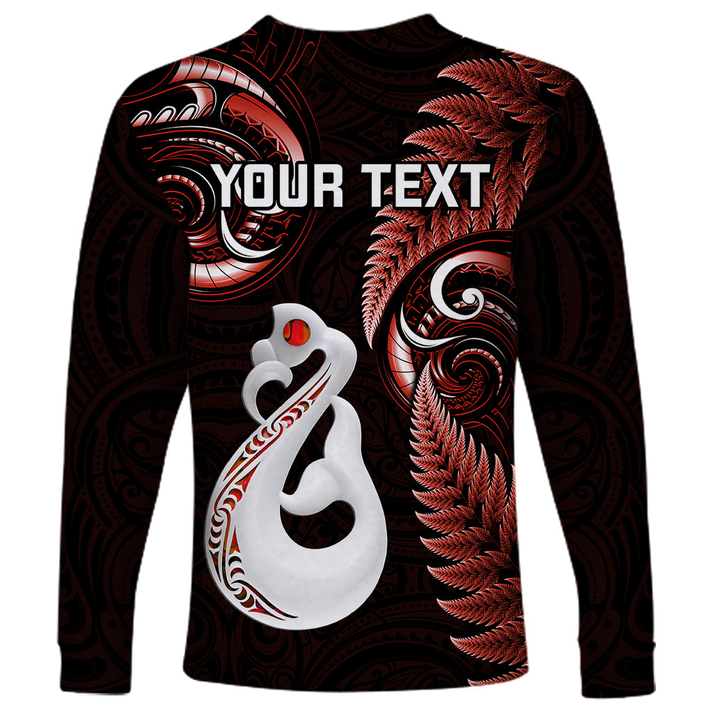Personalised New Zealand Long Sleeve Shirt Aotearoa Silver Fern With Manaia Maori Unique Red - Wonder Print Shop