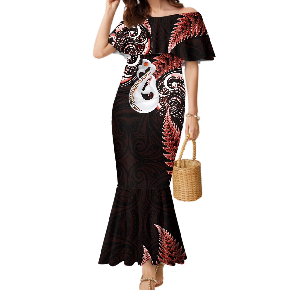 Personalised New Zealand Mermaid Dress Aotearoa Silver Fern With Manaia Maori Unique Red - Wonder Print Shop