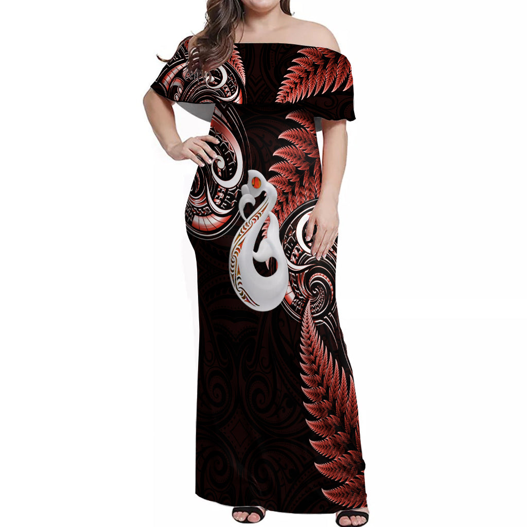 Personalised New Zealand Off Shoulder Maxi Dress Aotearoa Silver Fern With Manaia Maori Unique Red - Wonder Print Shop