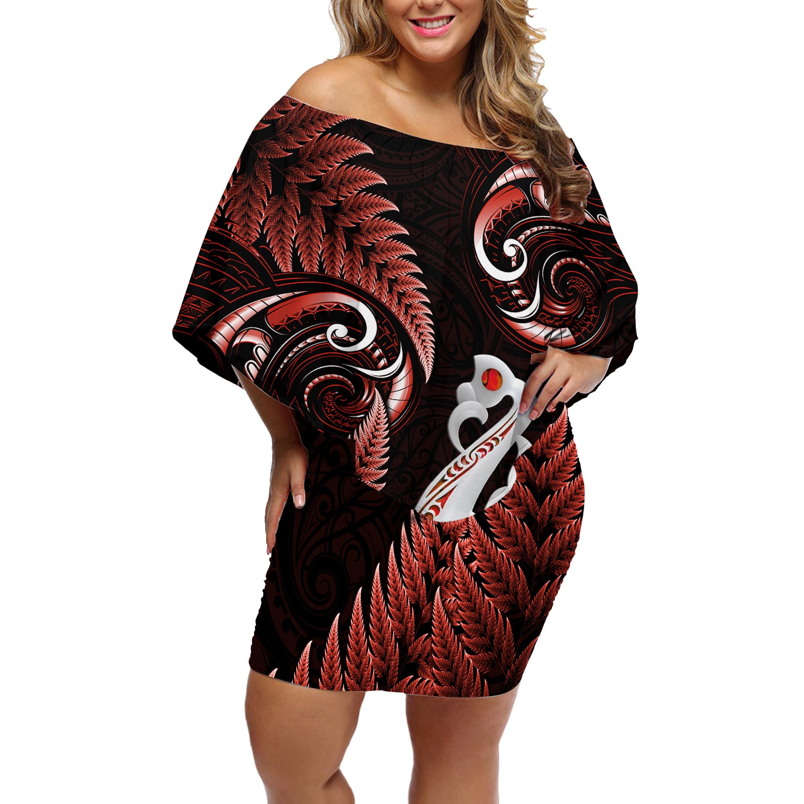 Personalised New Zealand Off Shoulder Short Dress Aotearoa Silver Fern With Manaia Maori Unique Red - Wonder Print Shop