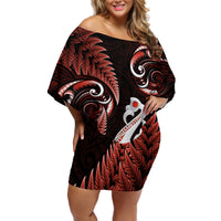 Personalised New Zealand Off Shoulder Short Dress Aotearoa Silver Fern With Manaia Maori Unique Red - Wonder Print Shop