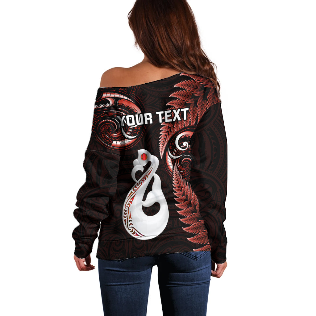 Personalised New Zealand Off Shoulder Sweater Aotearoa Silver Fern With Manaia Maori Unique Red - Wonder Print Shop