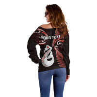 Personalised New Zealand Off Shoulder Sweater Aotearoa Silver Fern With Manaia Maori Unique Red - Wonder Print Shop