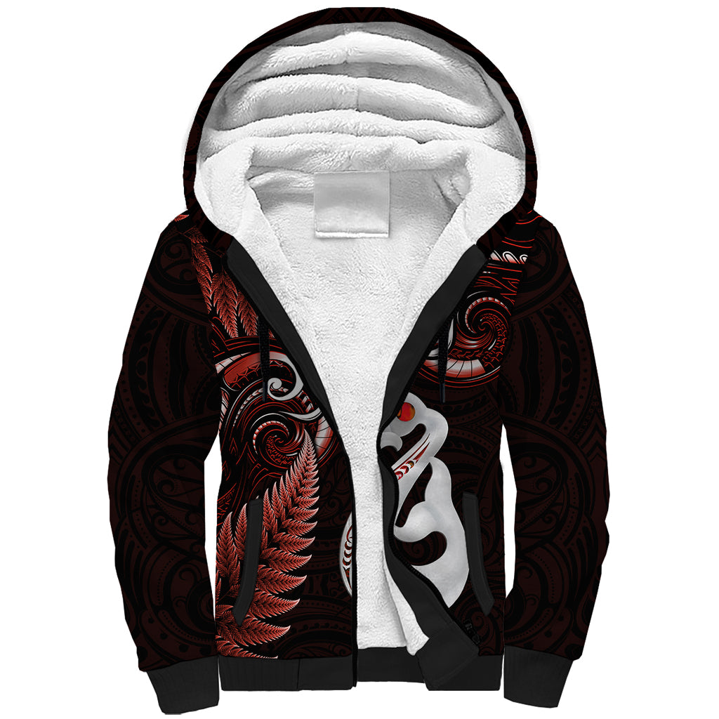 Personalised New Zealand Sherpa Hoodie Aotearoa Silver Fern With Manaia Maori Unique Red - Wonder Print Shop