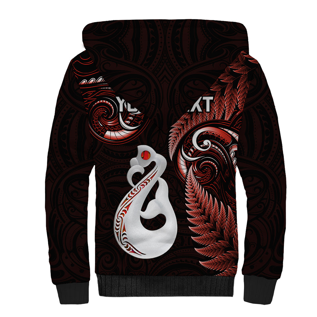 Personalised New Zealand Sherpa Hoodie Aotearoa Silver Fern With Manaia Maori Unique Red - Wonder Print Shop
