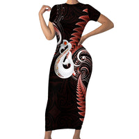 Personalised New Zealand Short Sleeve Bodycon Dress Aotearoa Silver Fern With Manaia Maori Unique Red - Wonder Print Shop