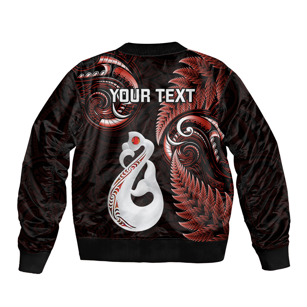 Personalised New Zealand Sleeve Zip Bomber Jacket Aotearoa Silver Fern With Manaia Maori Unique Red - Wonder Print Shop
