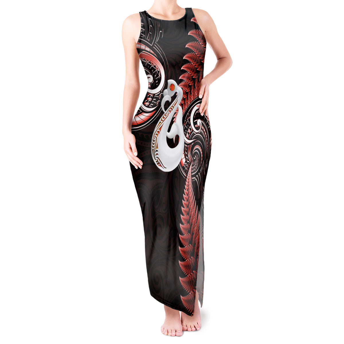 Personalised New Zealand Tank Maxi Dress Aotearoa Silver Fern With Manaia Maori Unique Red - Wonder Print Shop