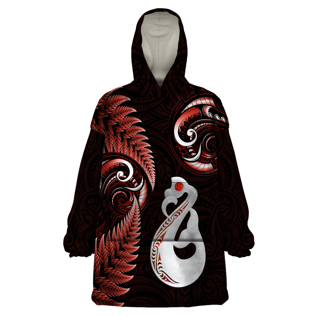 Personalised New Zealand Wearable Blanket Hoodie Aotearoa Silver Fern With Manaia Maori Unique Red - Wonder Print Shop