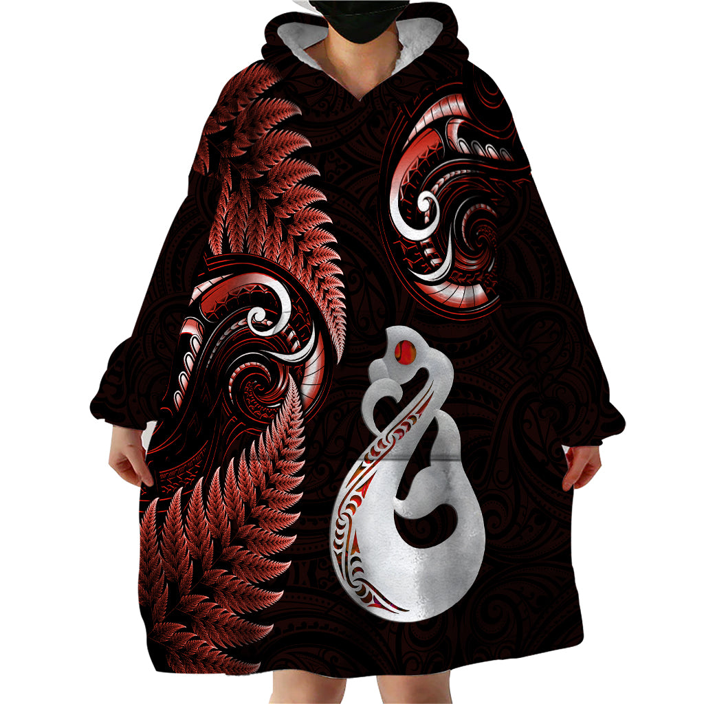 Personalised New Zealand Wearable Blanket Hoodie Aotearoa Silver Fern With Manaia Maori Unique Red - Wonder Print Shop