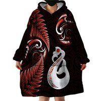 Personalised New Zealand Wearable Blanket Hoodie Aotearoa Silver Fern With Manaia Maori Unique Red - Wonder Print Shop
