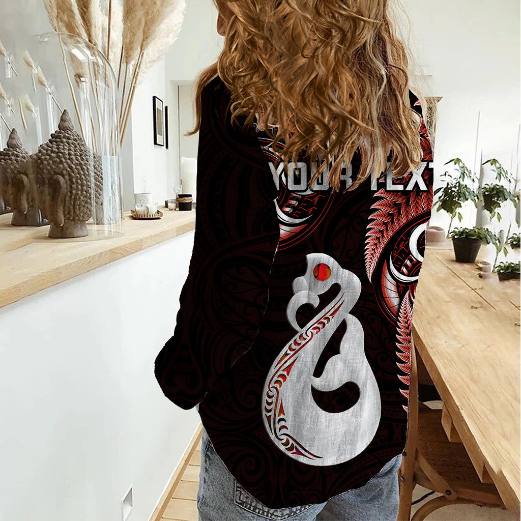 Personalised New Zealand Women Casual Shirt Aotearoa Silver Fern With Manaia Maori Unique Red - Wonder Print Shop