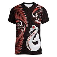 Personalised New Zealand Women V Neck T Shirt Aotearoa Silver Fern With Manaia Maori Unique Red - Wonder Print Shop