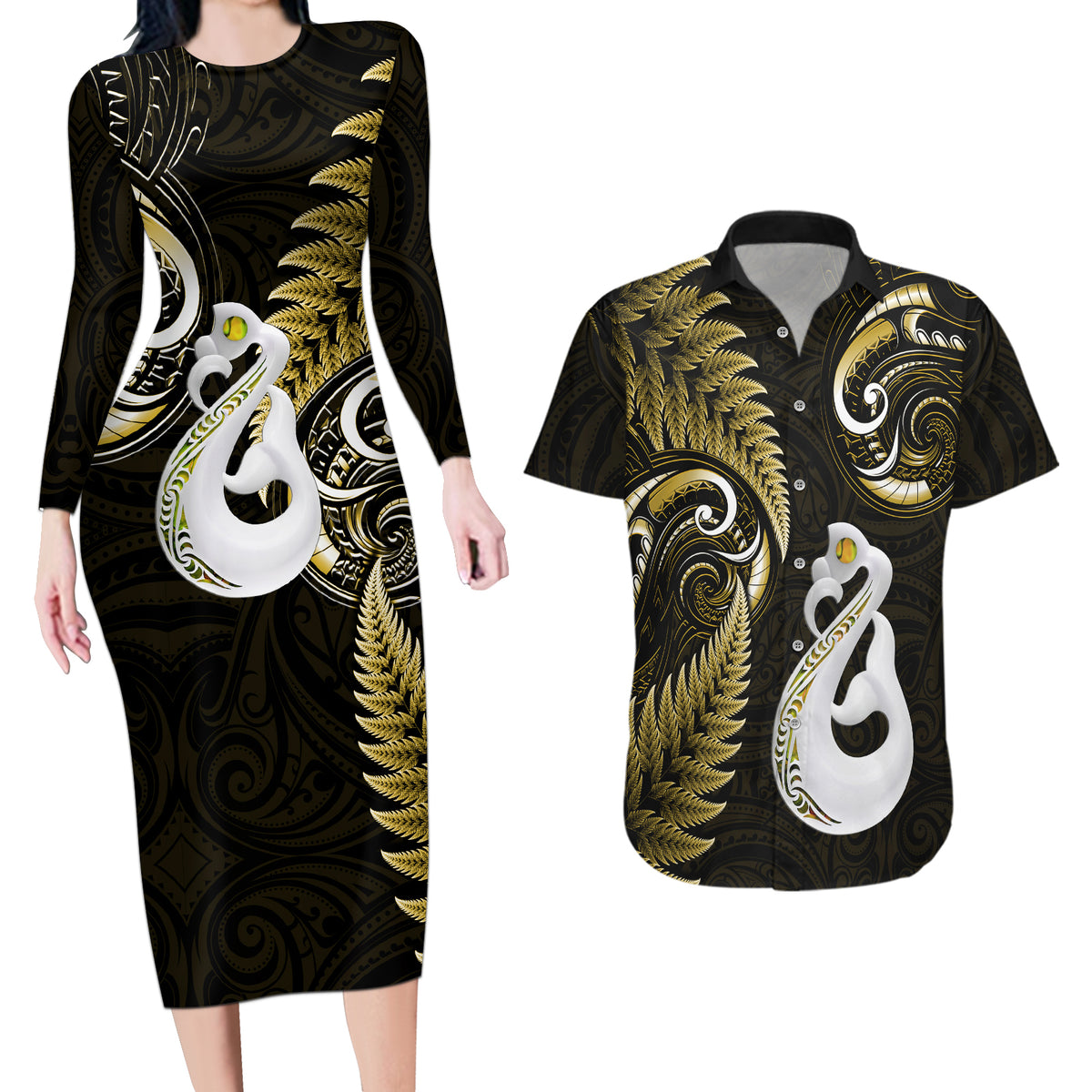 Personalised New Zealand Couples Long Sleeve Bodycon Dress and Hawaiian Shirt Aotearoa Silver Fern With Manaia Maori Unique Gold - Wonder Print Shop
