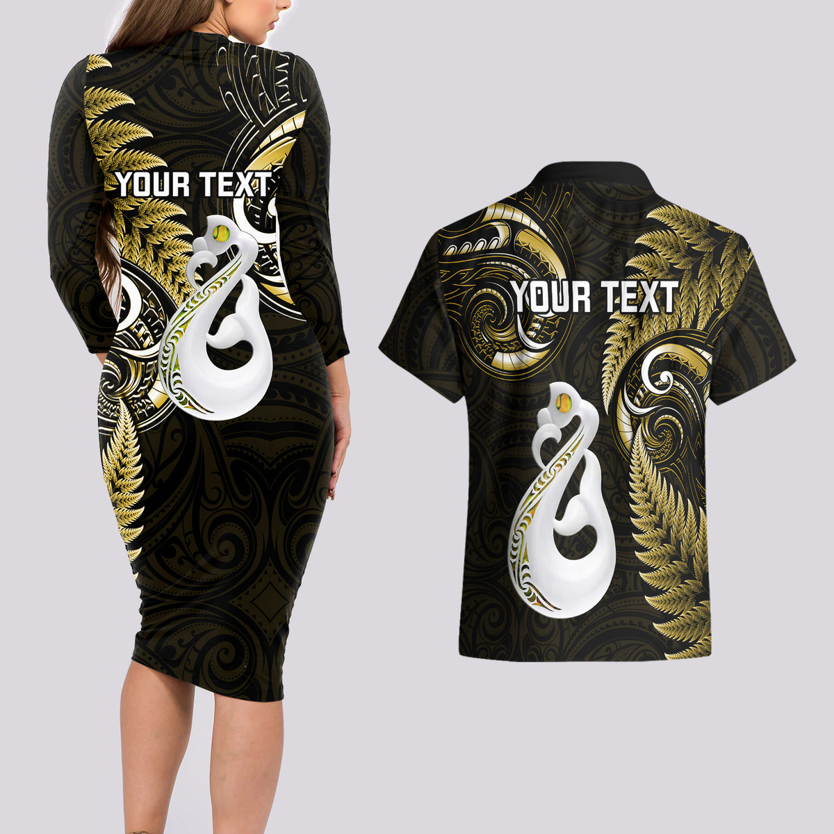Personalised New Zealand Couples Long Sleeve Bodycon Dress and Hawaiian Shirt Aotearoa Silver Fern With Manaia Maori Unique Gold - Wonder Print Shop