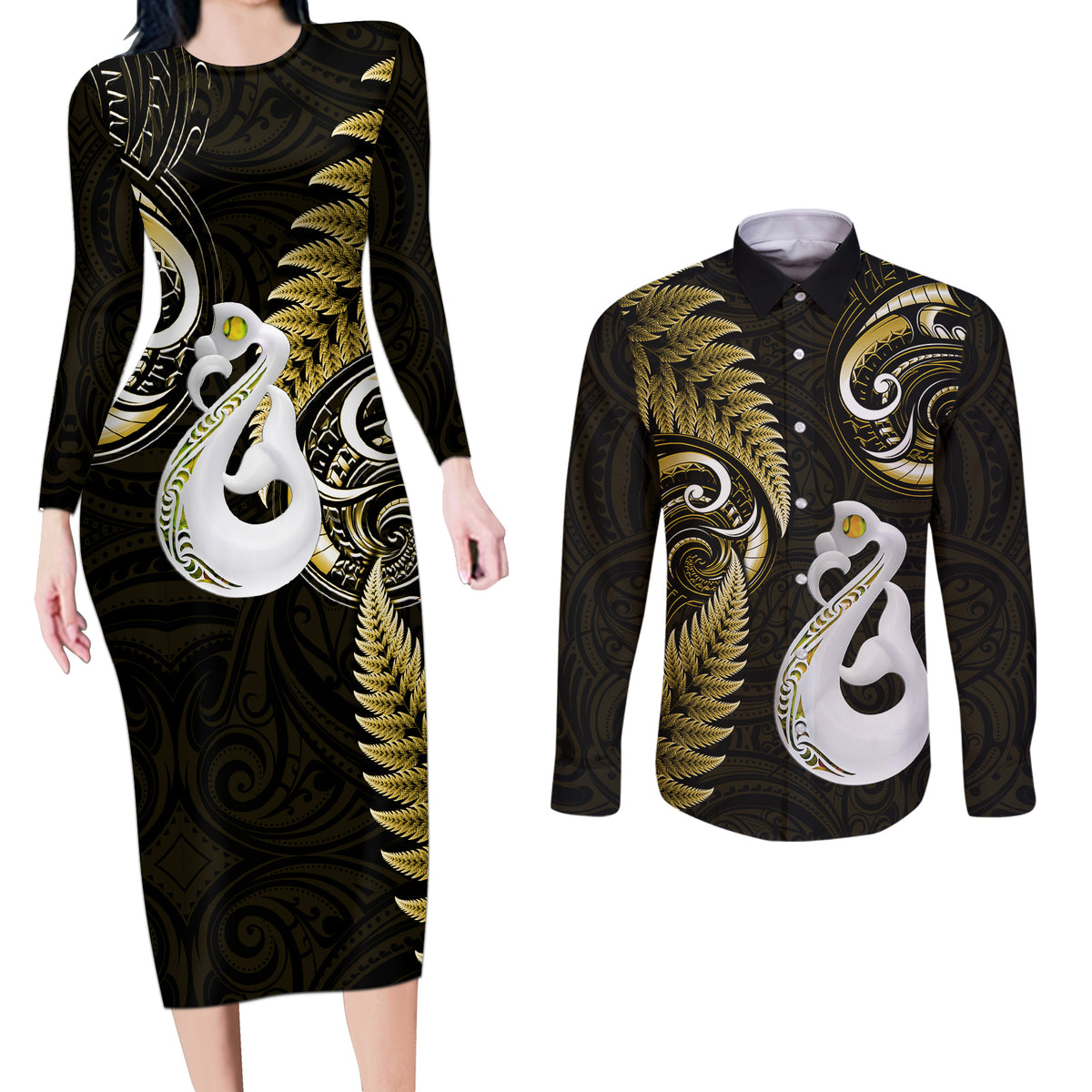 Personalised New Zealand Couples Long Sleeve Bodycon Dress and Long Sleeve Button Shirts Aotearoa Silver Fern With Manaia Maori Unique Gold - Wonder Print Shop