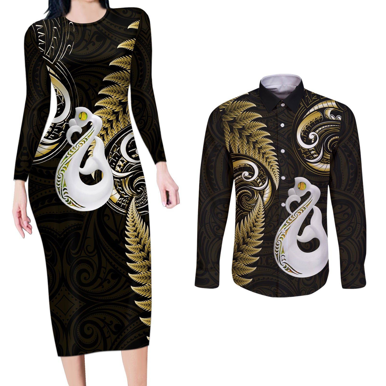 Personalised New Zealand Couples Long Sleeve Bodycon Dress and Long Sleeve Button Shirts Aotearoa Silver Fern With Manaia Maori Unique Gold - Wonder Print Shop