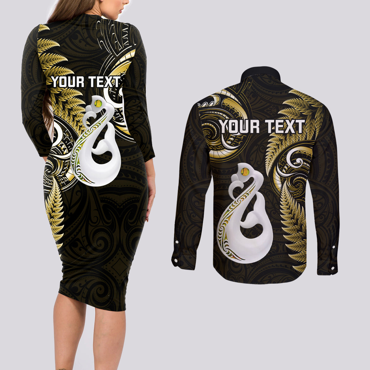 Personalised New Zealand Couples Long Sleeve Bodycon Dress and Long Sleeve Button Shirts Aotearoa Silver Fern With Manaia Maori Unique Gold - Wonder Print Shop