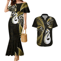 Personalised New Zealand Couples Mermaid Dress And Hawaiian Shirt Aotearoa Silver Fern With Manaia Maori Unique Gold - Wonder Print Shop