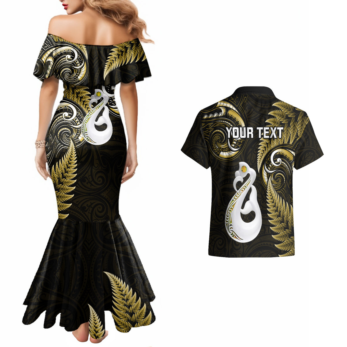 Personalised New Zealand Couples Mermaid Dress And Hawaiian Shirt Aotearoa Silver Fern With Manaia Maori Unique Gold - Wonder Print Shop