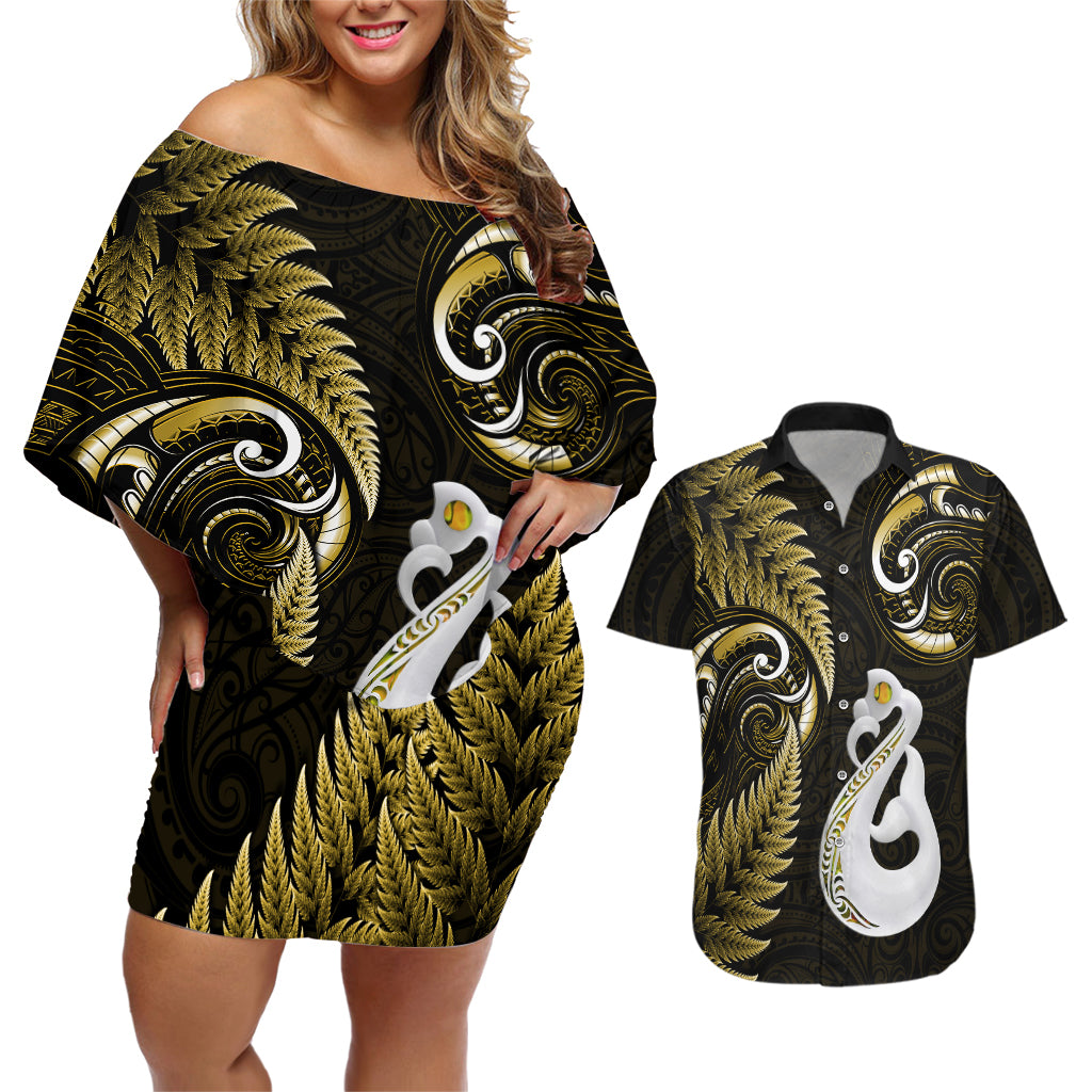 Personalised New Zealand Couples Off Shoulder Short Dress and Hawaiian Shirt Aotearoa Silver Fern With Manaia Maori Unique Gold - Wonder Print Shop