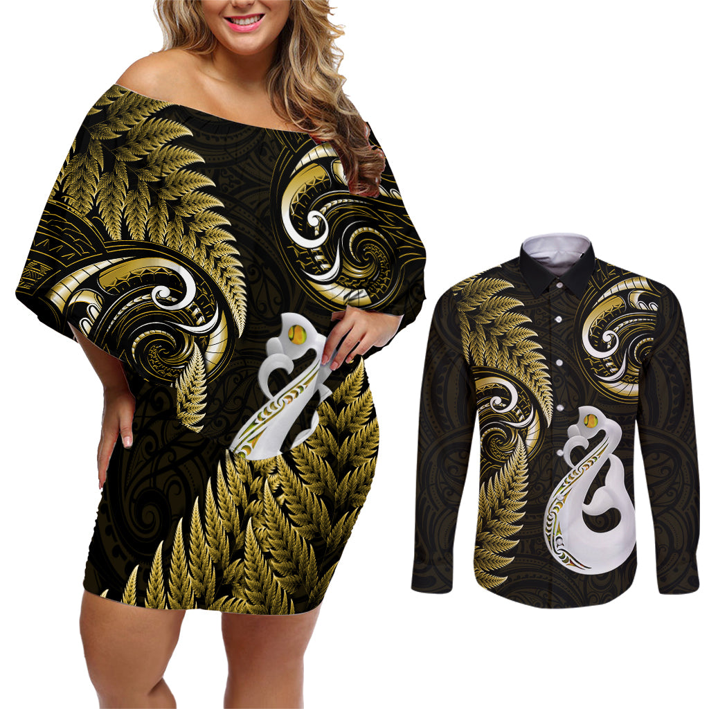Personalised New Zealand Couples Off Shoulder Short Dress and Long Sleeve Button Shirts Aotearoa Silver Fern With Manaia Maori Unique Gold - Wonder Print Shop