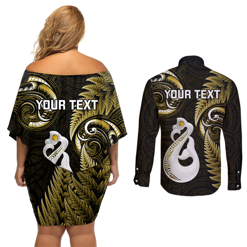 Personalised New Zealand Couples Off Shoulder Short Dress and Long Sleeve Button Shirts Aotearoa Silver Fern With Manaia Maori Unique Gold - Wonder Print Shop