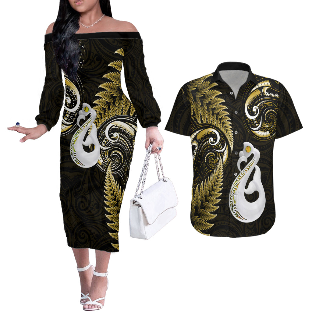Personalised New Zealand Couples Off The Shoulder Long Sleeve Dress and Hawaiian Shirt Aotearoa Silver Fern With Manaia Maori Unique Gold - Wonder Print Shop