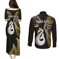 Personalised New Zealand Couples Puletasi Dress and Long Sleeve Button Shirts Aotearoa Silver Fern With Manaia Maori Unique Gold - Wonder Print Shop