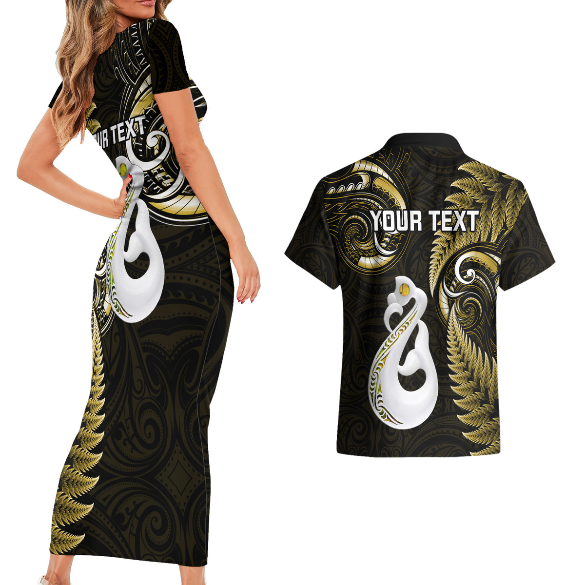 Personalised New Zealand Couples Short Sleeve Bodycon Dress and Hawaiian Shirt Aotearoa Silver Fern With Manaia Maori Unique Gold - Wonder Print Shop