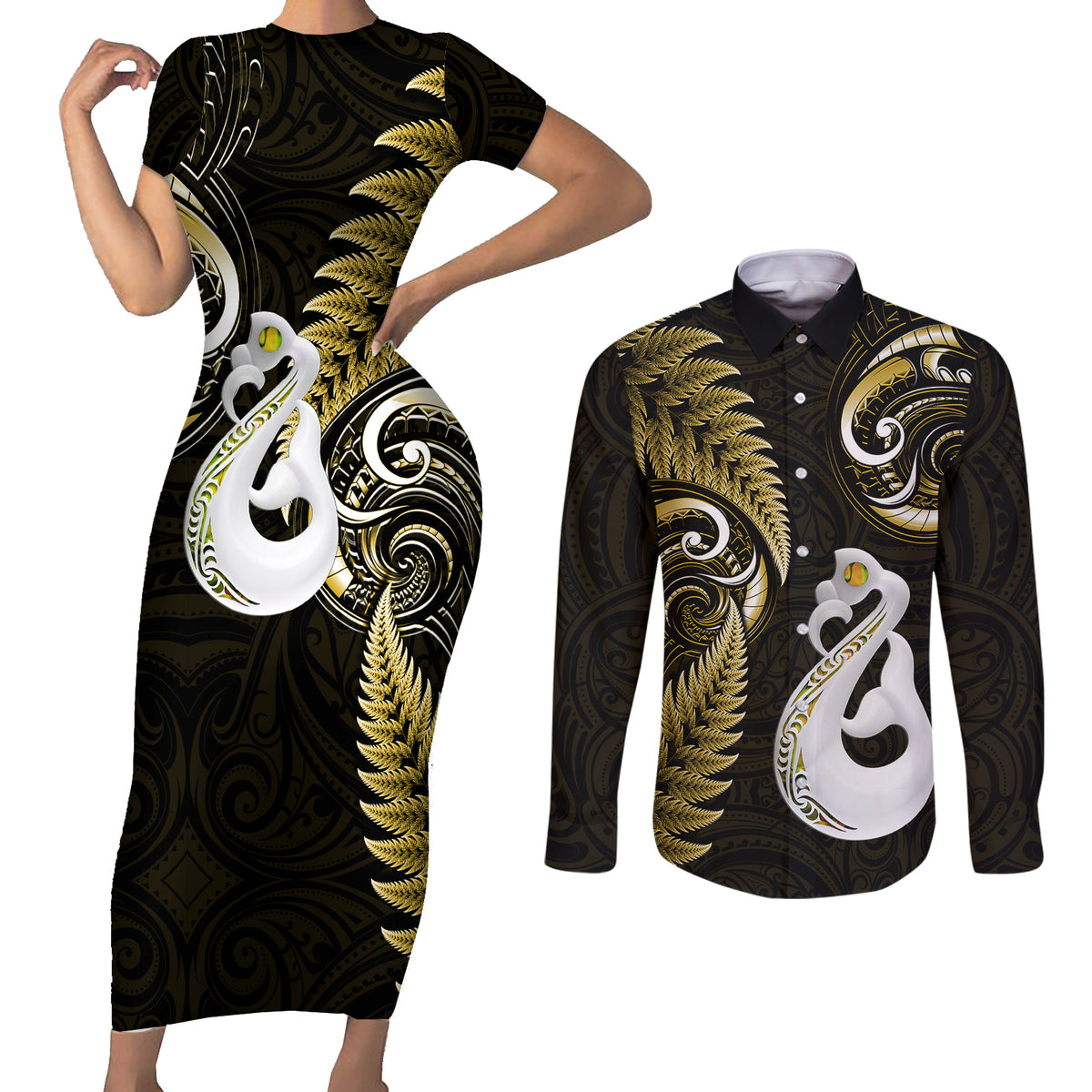 Personalised New Zealand Couples Short Sleeve Bodycon Dress and Long Sleeve Button Shirts Aotearoa Silver Fern With Manaia Maori Unique Gold - Wonder Print Shop