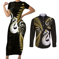 Personalised New Zealand Couples Short Sleeve Bodycon Dress and Long Sleeve Button Shirts Aotearoa Silver Fern With Manaia Maori Unique Gold - Wonder Print Shop